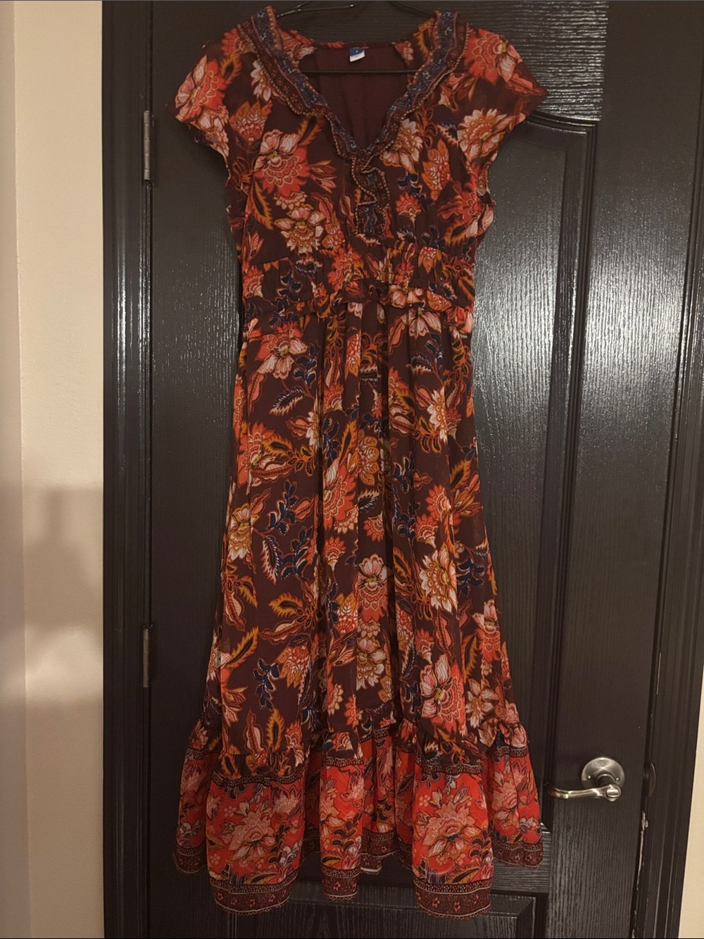 Floral Boho Midi Dress in Burgundy and Rust - Women
